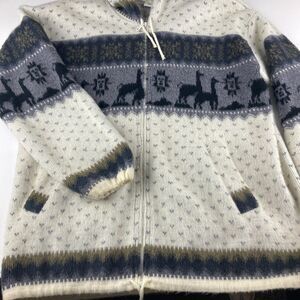 Artesanias Tuntaquimba Mens XL Wool Llama Sweater Hoodie Full Zip Ecuador